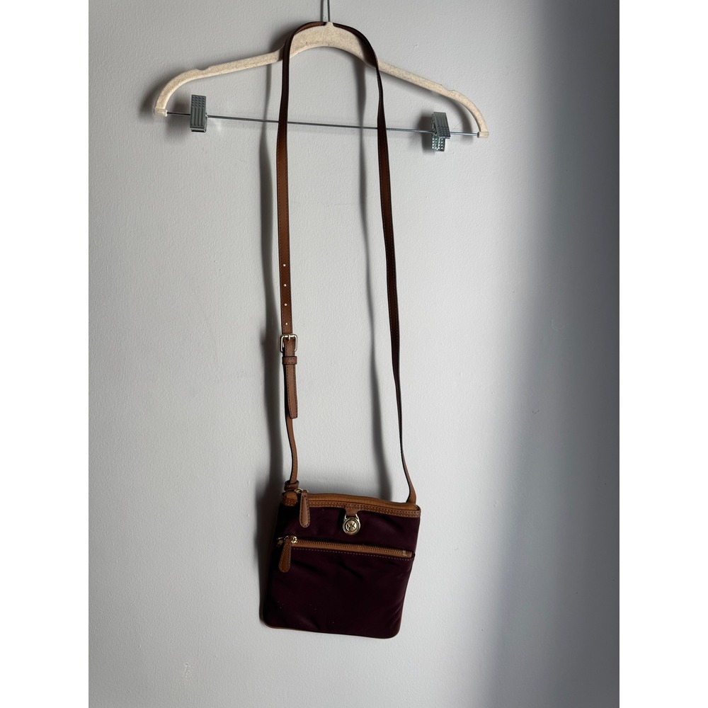 Michael Kors Nylon Crossbody Bag Plum Burgundy Tan Leather Trim Gold Hardware